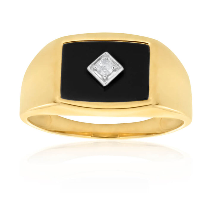 Onyx and Diamond Gents Ring in 9ct Yellow Gold