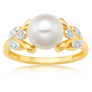 9ct Yellow Gold Freshwater Pearl and Leaf Pattern Diamond Ring