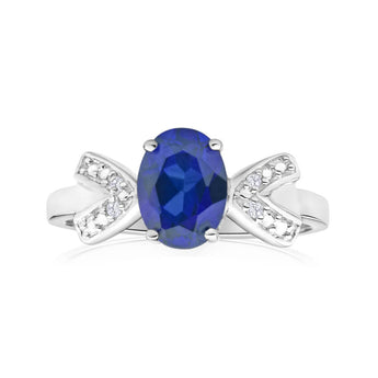 9ct White Gold Oval Created Sapphire + Diamond Ring