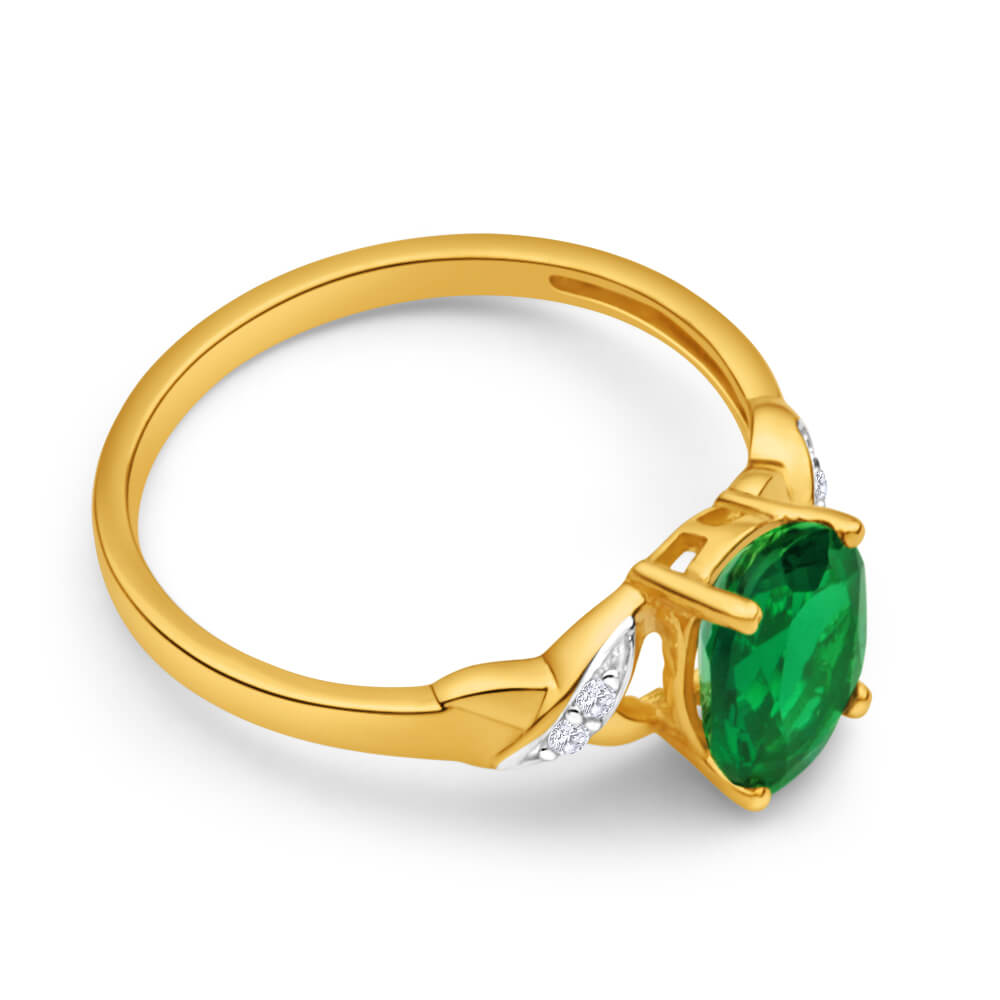 9ct Yellow Gold Oval Created Emerald + Diamond Ring