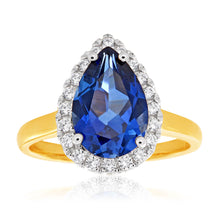 Load image into Gallery viewer, 9ct Yellow Gold Pear Shaped Created Sapphire and Cubic Zirconia Halo Ring