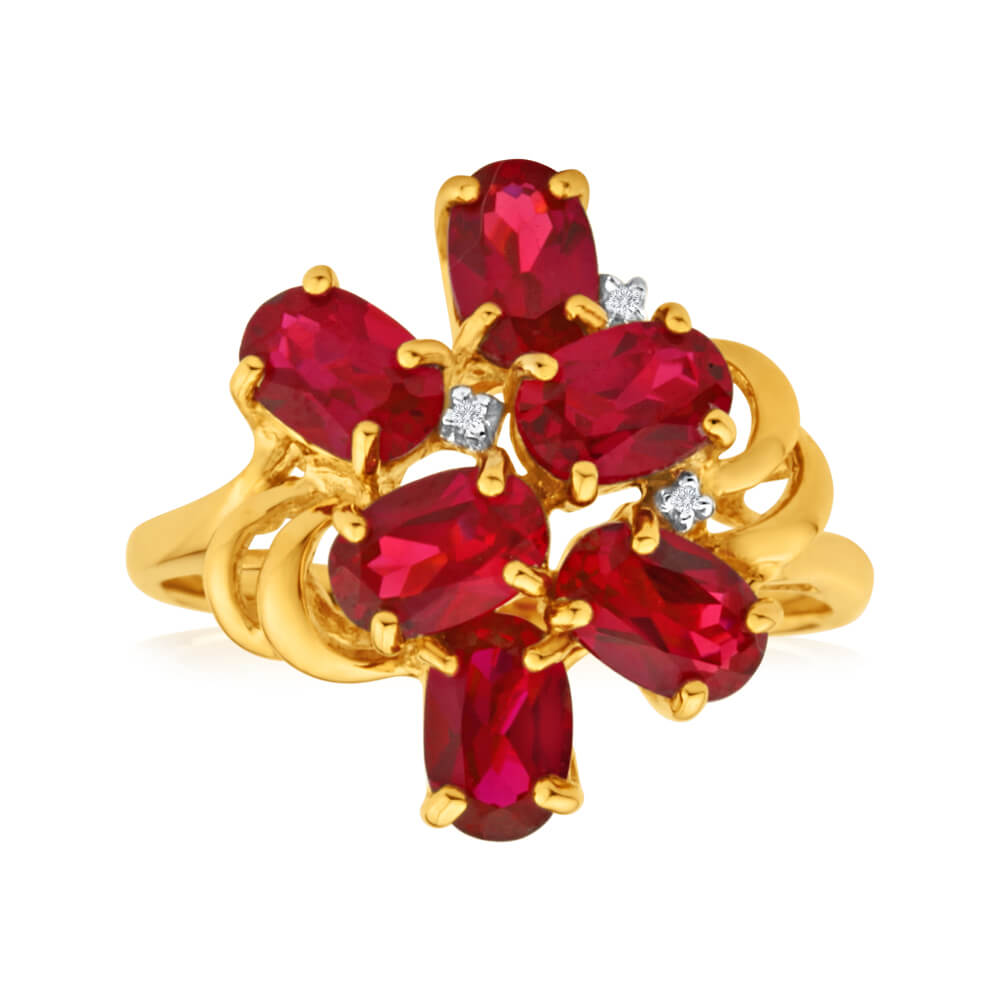 9ct Yellow Gold 6 Oval Created Ruby + 3 Diamond Ring