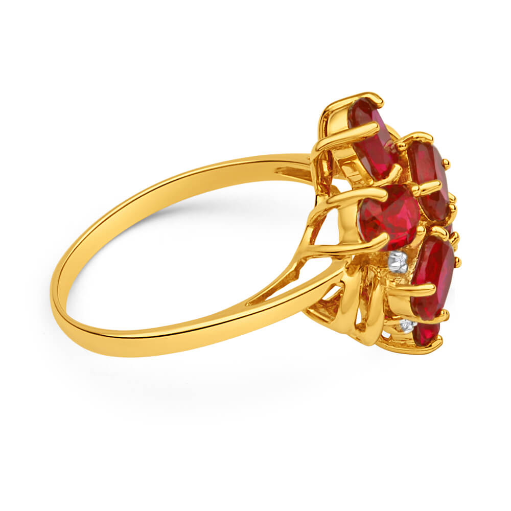 9ct Yellow Gold 6 Oval Created Ruby + 3 Diamond Ring