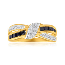 Load image into Gallery viewer, 9ct Yellow Gold Natural Sapphire + Diamond Crossover Ring
