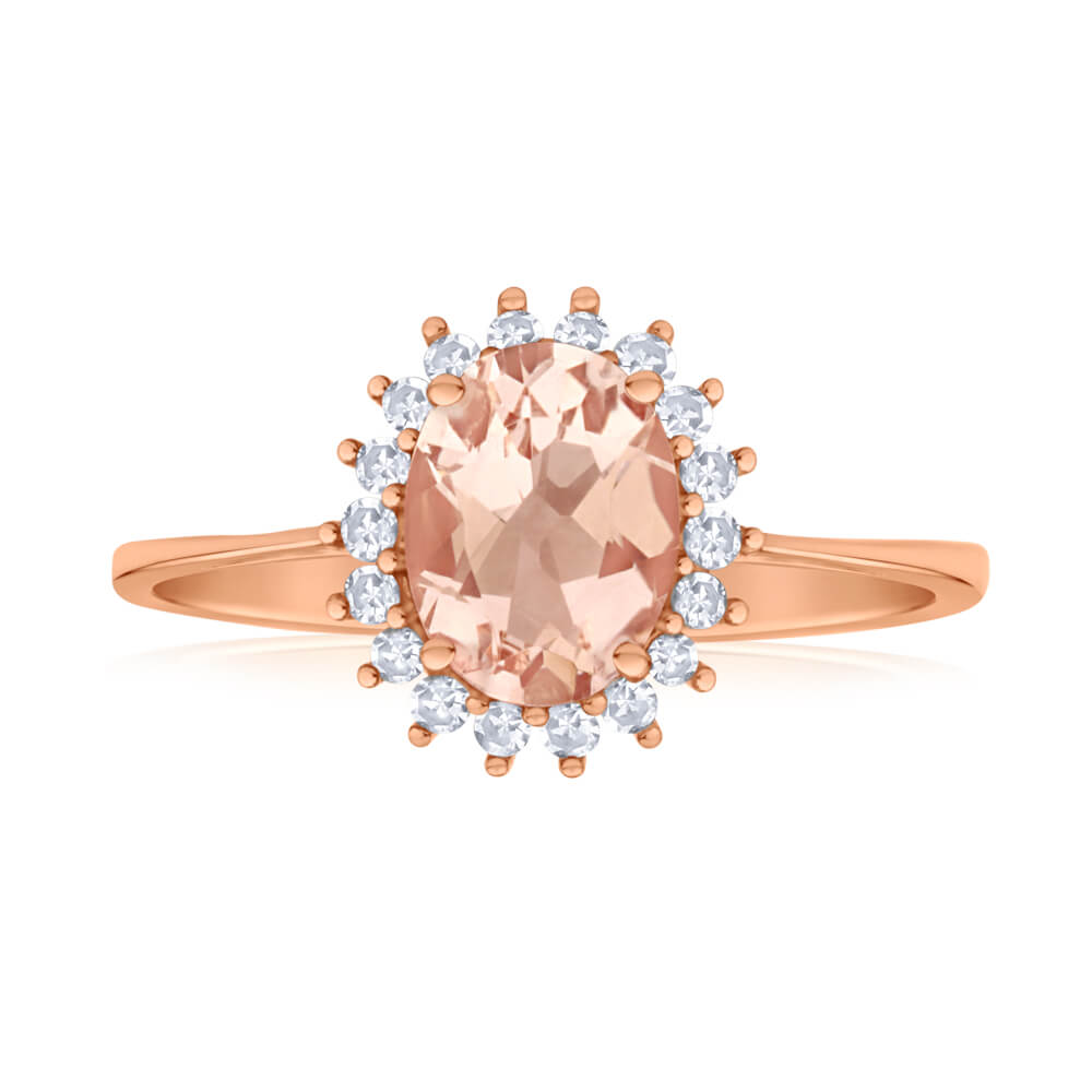 9ct Rose Gold Diamond + 8x6mm Morganite Cluster Ring