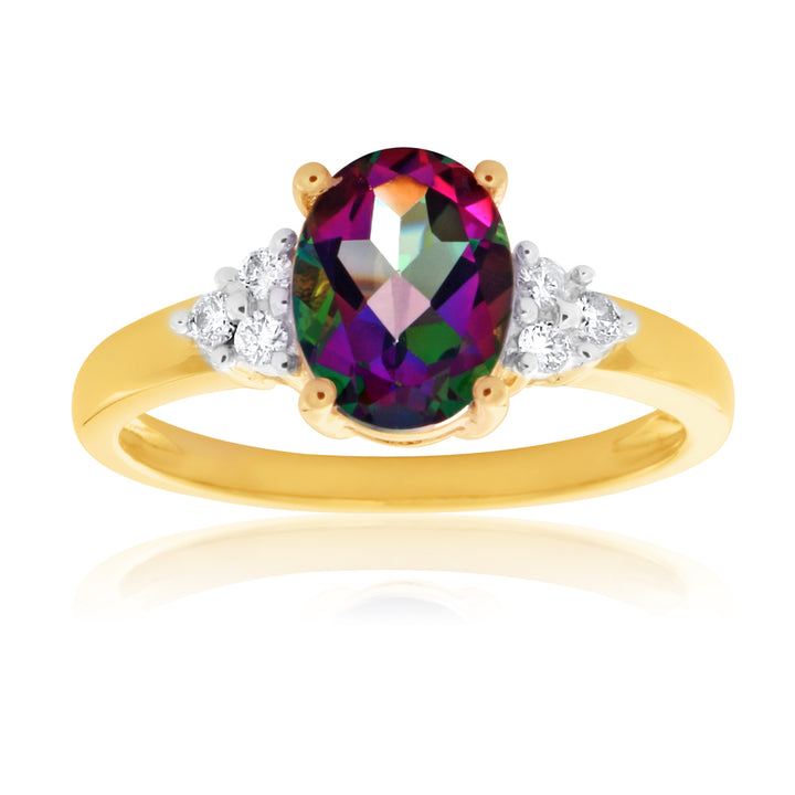 9ct Yellow Gold 8x6mm Oval Enhanced Mystic Topaz and Diamond Ring