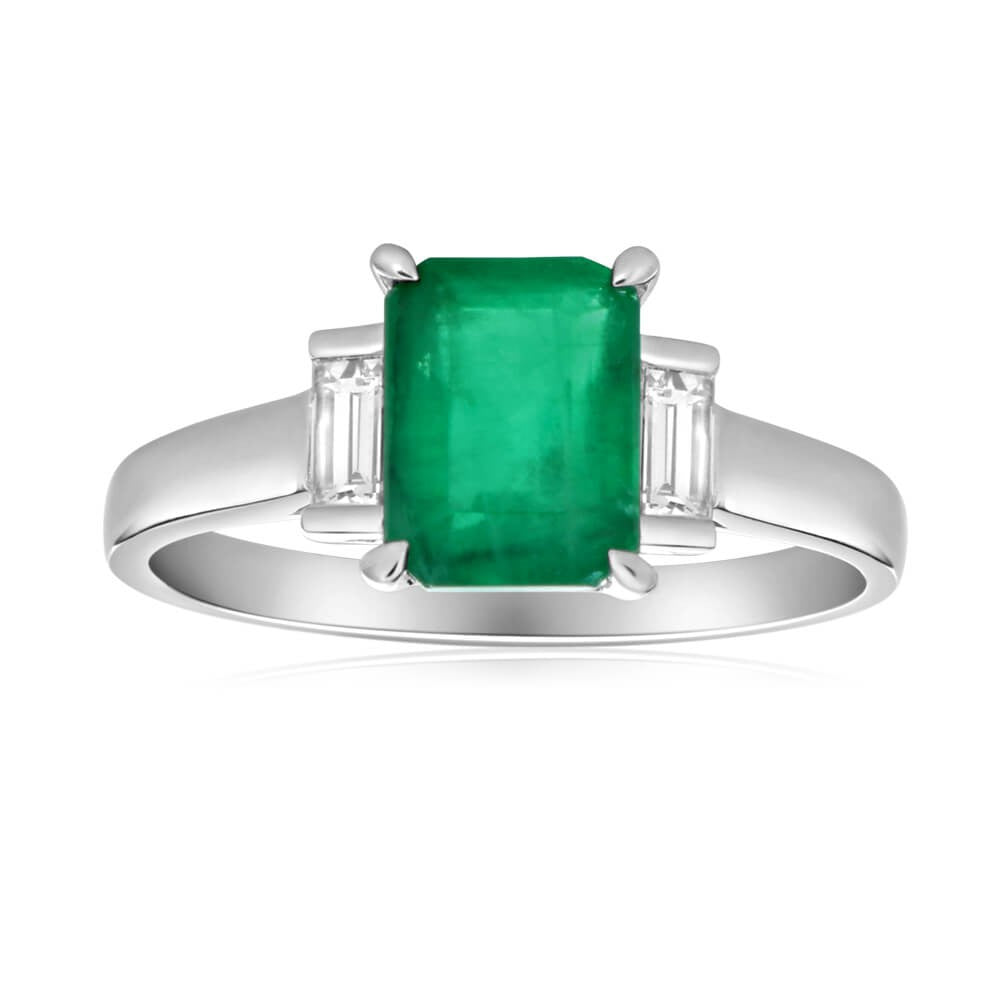 9ct White Gold 1.60 Carat Natural Emerald 8x6mm and Diamond 0.21ct Ring