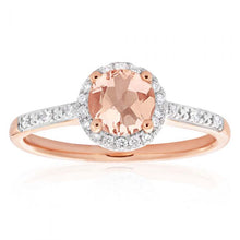 Load image into Gallery viewer, 9ct Rose Gold Morganite 6mm and Diamond Halo 0.14ct Ring
