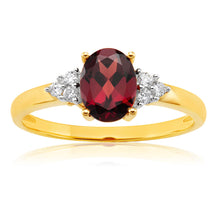 Load image into Gallery viewer, 9ct Yellow Gold 4x6mm 1.4ct Oval Garnet + Diamond Ring