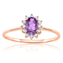 Load image into Gallery viewer, 9ct Rose Gold 6x4mm Amethyst + 0.1 Carat Diamond Ring