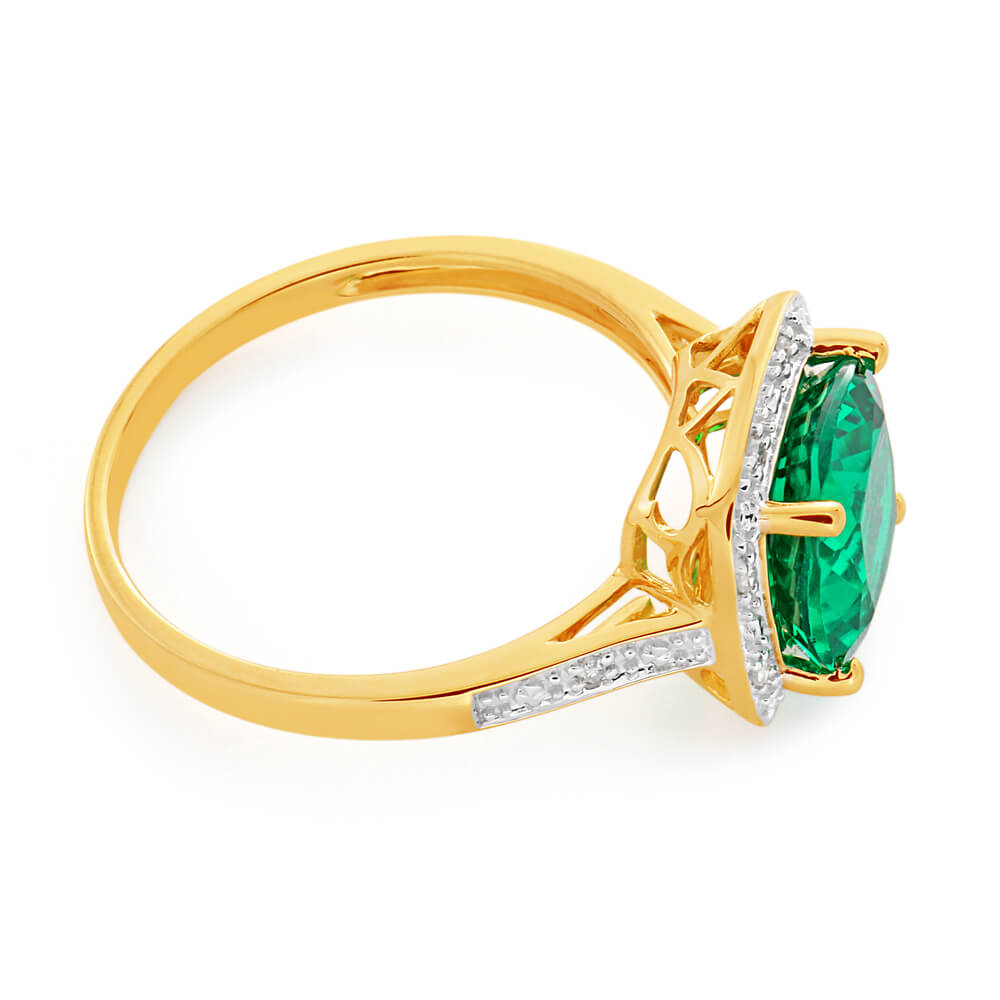 9ct Yellow Gold Cushion Cut Created Emerald 9mm and Diamond Ring