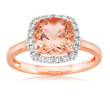 Load image into Gallery viewer, 9ct Rose Gold 8mm 2.00 Carat Cushion Cut Morganite and 0.10 Carat Diamond Ring