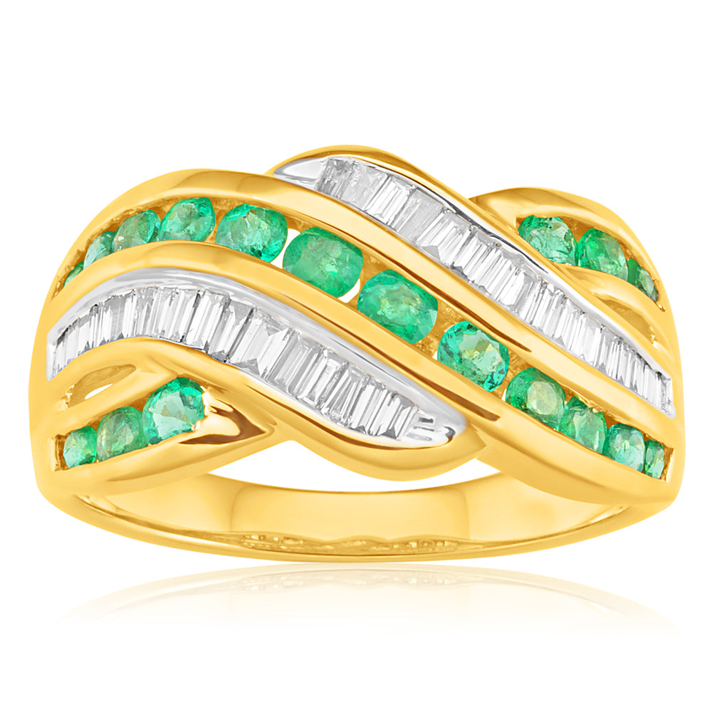 9ct Yellow Gold 0.73ct Natural Emerald and 1/3 Carat Diamond Ring