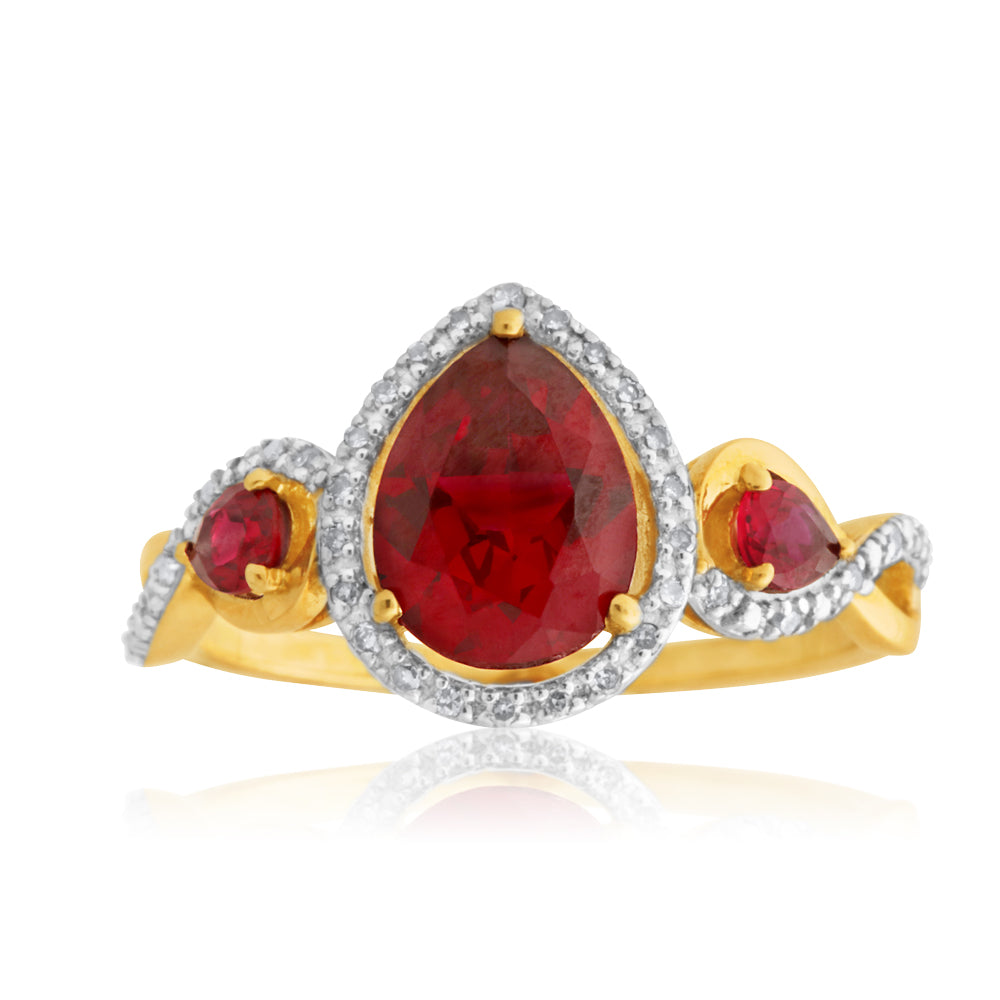 9ct Yellow Gold Created Ruby and Diamond Ring