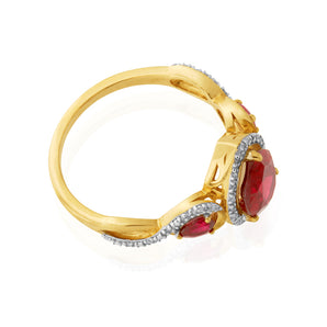 9ct Yellow Gold Created Ruby and 1/10 Carat Diamond Ring