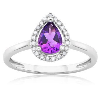 9ct White Gold Amethyst & Diamond Pear Shape Ring