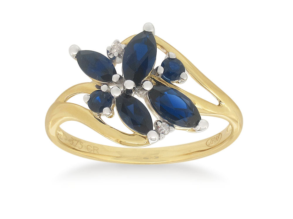 9ct Yellow Gold Created Sapphire & Diamond Ring