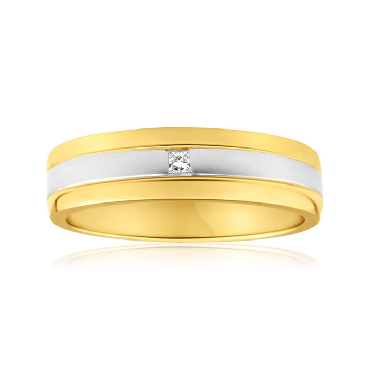 9ct Yellow Gold & White Gold Grooved Mens Diamond Ring