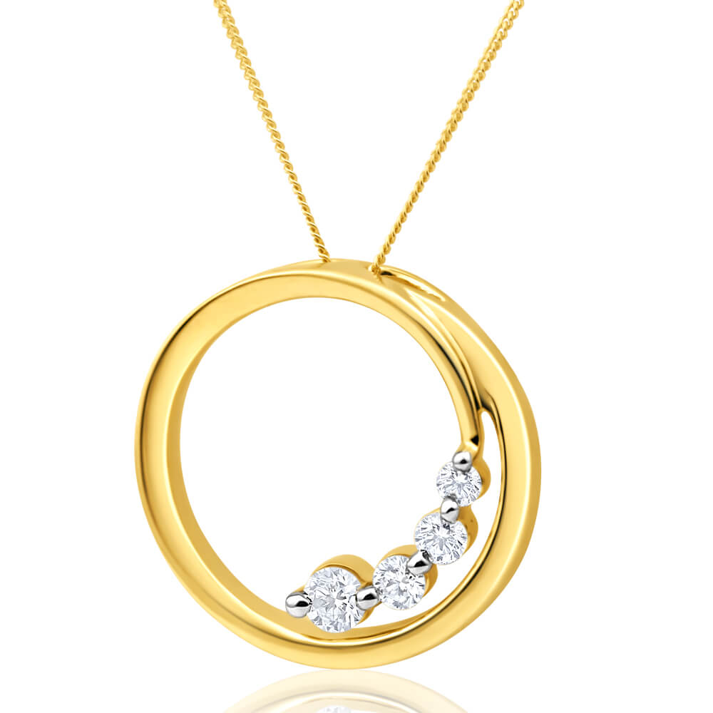 Flawless Cut 1/4 Carat Diamond Open Circle Pendant in 9ct Yellow Gold With Chain