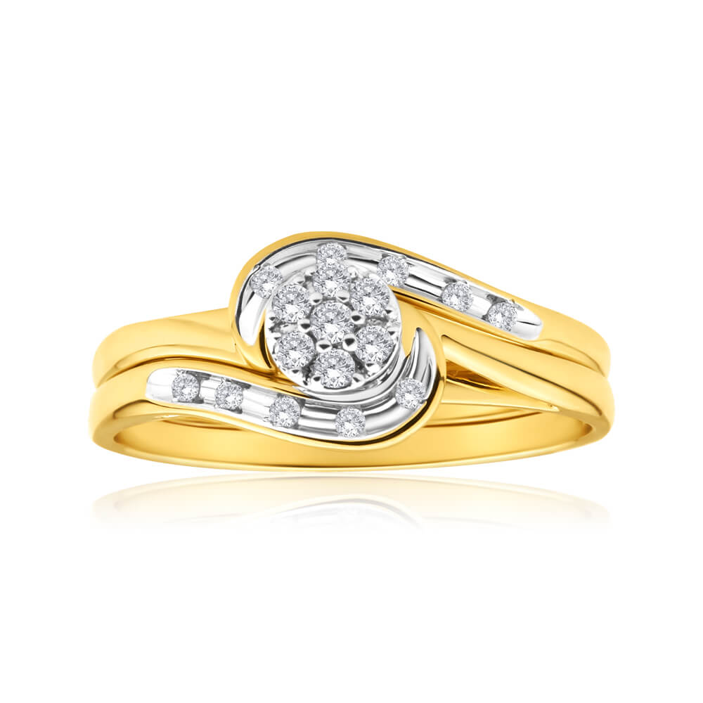 9ct Yellow Gold 2 Ring Bridal Set With 0.15 Carats Of Light Champagne Diamonds