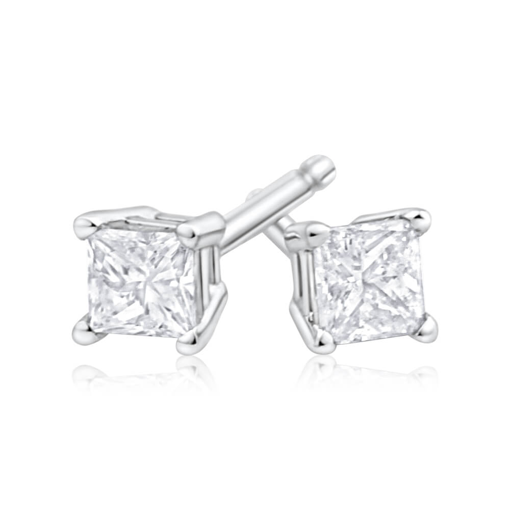 9ct White Gold Diamond Stud Earrings Set with 2 Beautiful Princess Cut Diamonds
