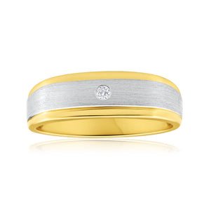 9ct Yellow Gold 1 Diamond Mens Ring with White Gold Rhodium