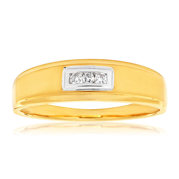 9ct Yellow Gold Matt Finish Mens Ring with 3 Diamonds