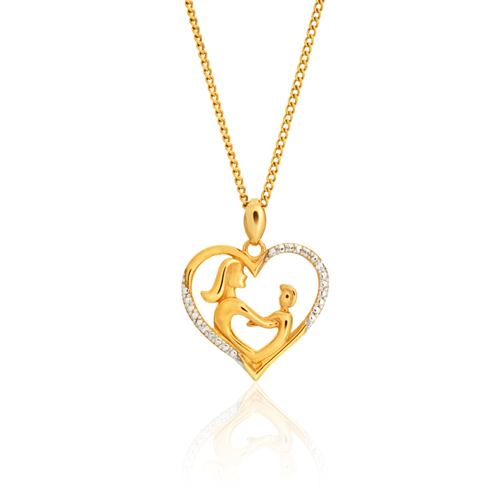9ct Yellow Gold Diamond Mother & Child Heart Pendant