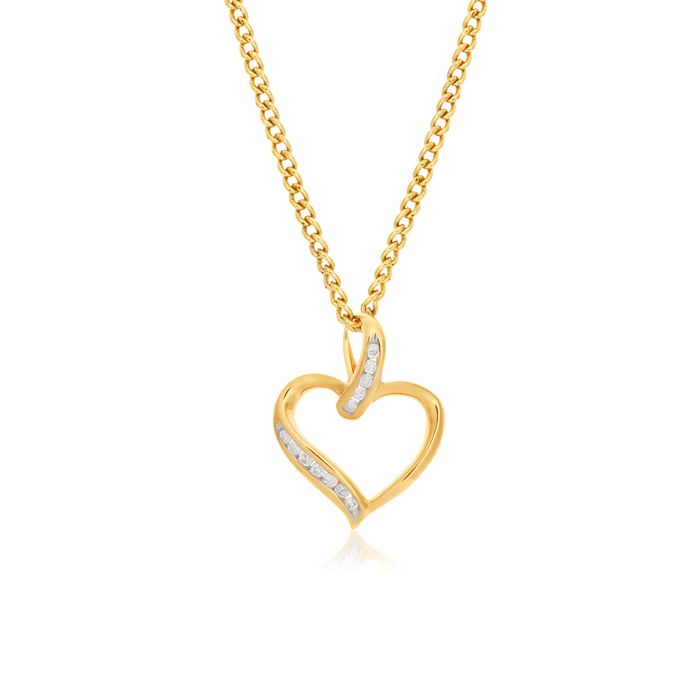9ct Yellow Gold Diamond Heart Pendant with 12 Brilliant Diamonds