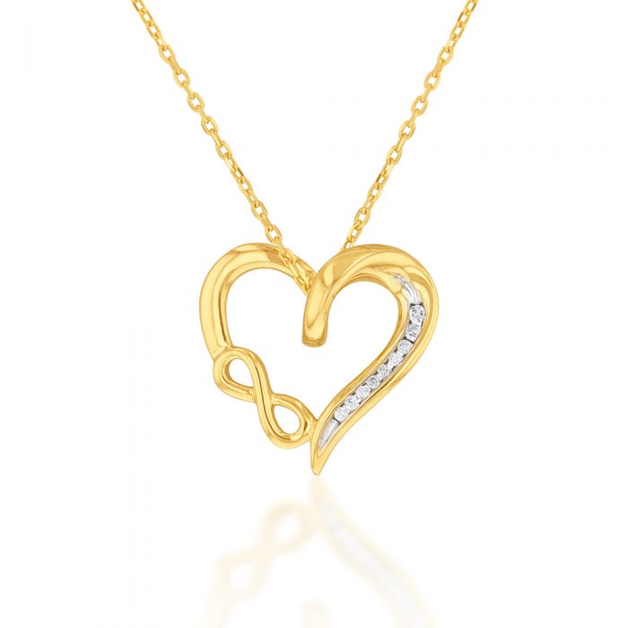 9ct Yellow Gold Diamond Infinity Heart Pendant on 45cm Chain