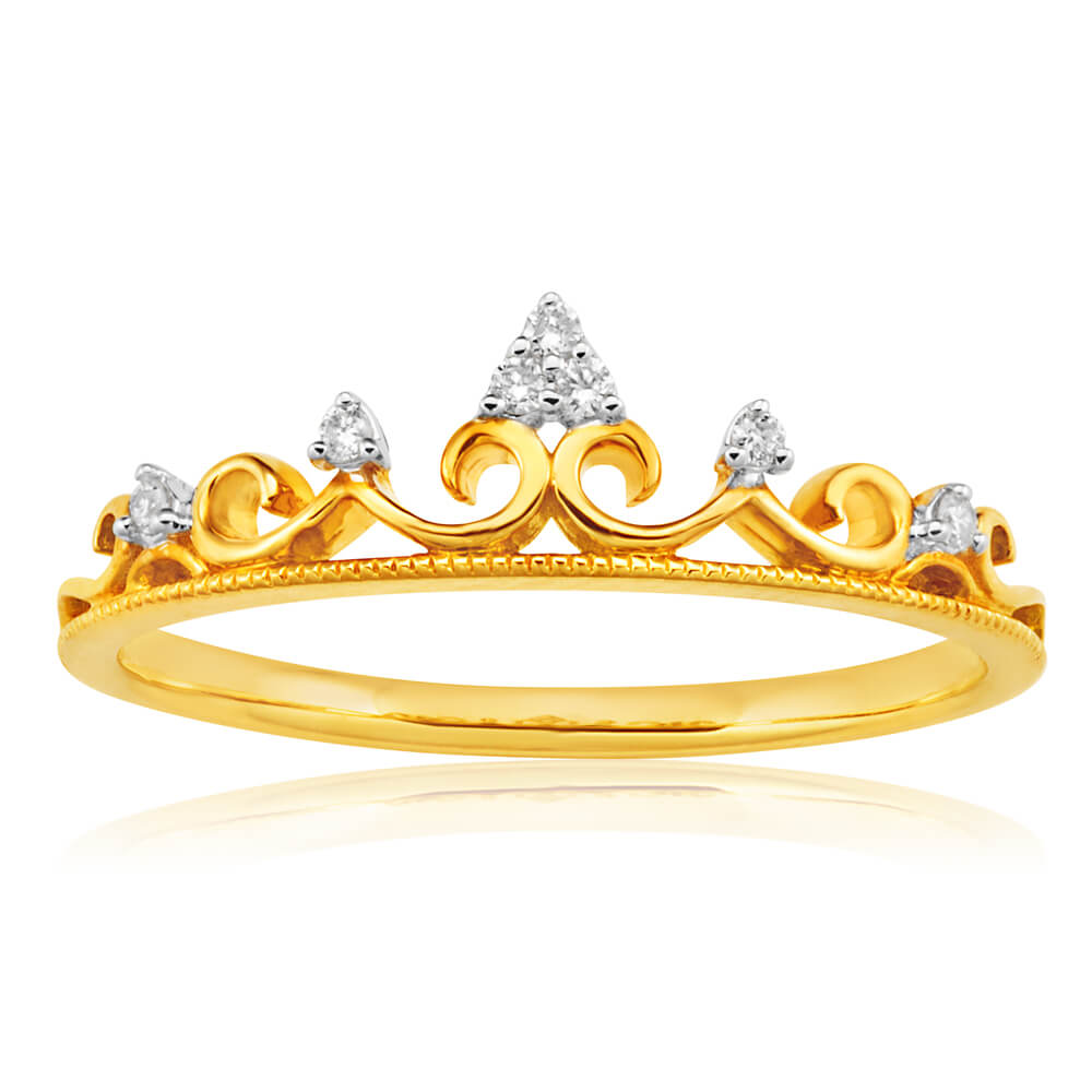 9ct Yellow Gold Crown Ring with 7 Diamonds