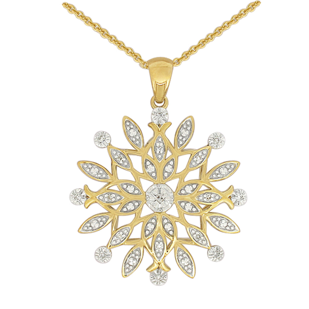 9ct Yellow Gold Snowflake Pendant on 45cm Chain with 17 Diamonds