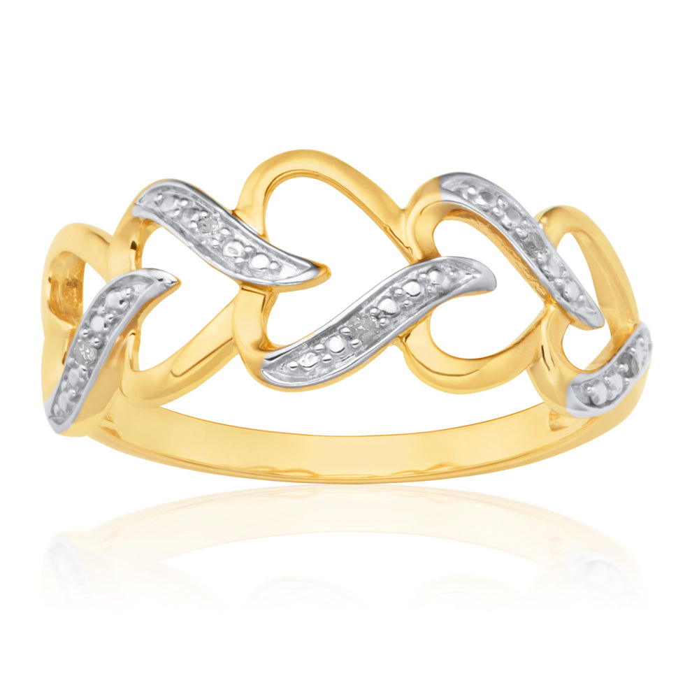 9ct Yellow Gold  Carat Interlocking Heart Diamond Ring with 5 Diamonds