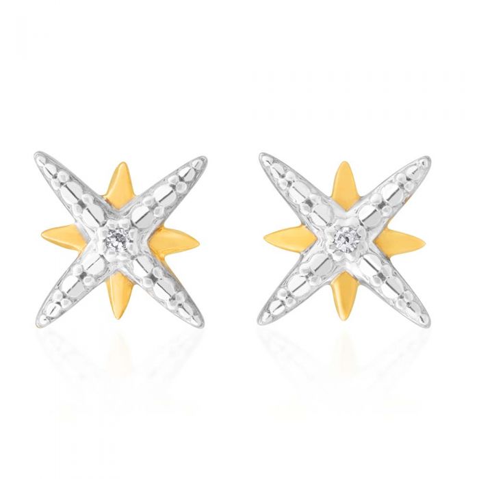 9ct Yellow Gold Diamond Starburst Stud Earrings with 2 Brilliant Diamonds