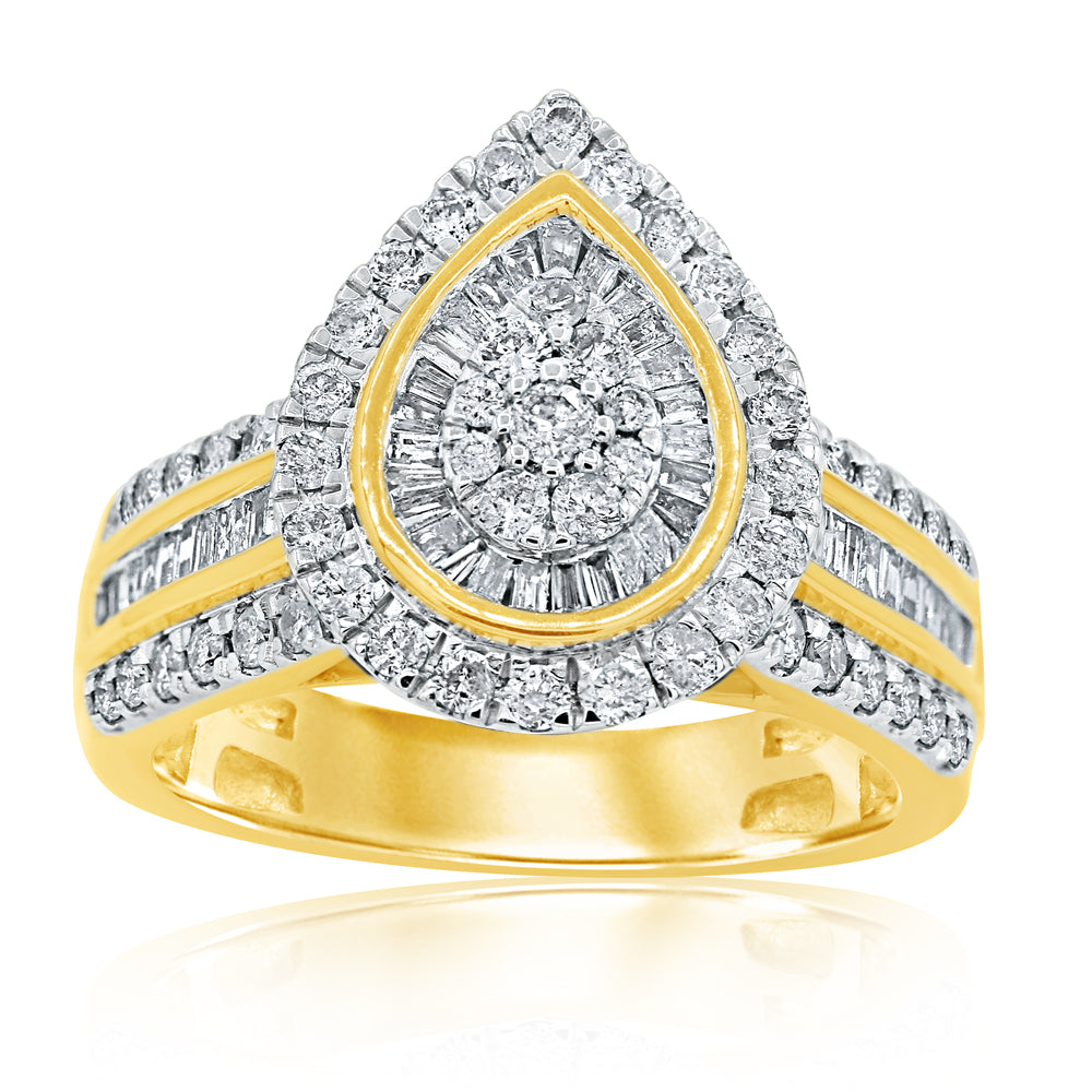 9ct Yellow Gold 1 Carat Diamond Pear Shape Ring with 112 Brilliant and Taper Diamonds