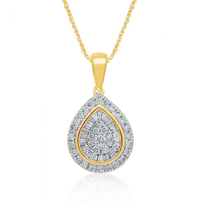 9ct Yellow Gold 1 Carat Diamond Pear Shape Pendant with 62 Diamonds on 9ct 45cm Chain