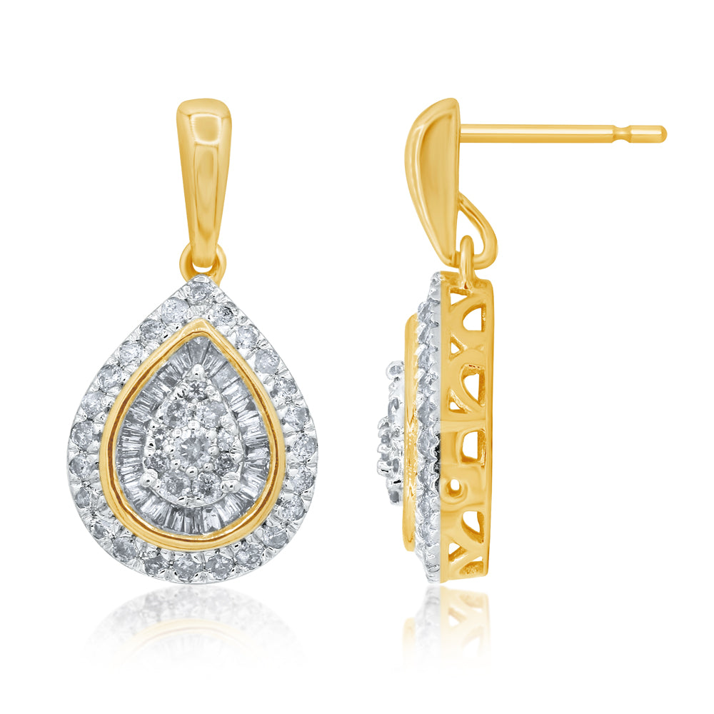 9ct Yellow Gold 1 Carat Diamond Pear Shape Drop Earrings with 124 Diamonds