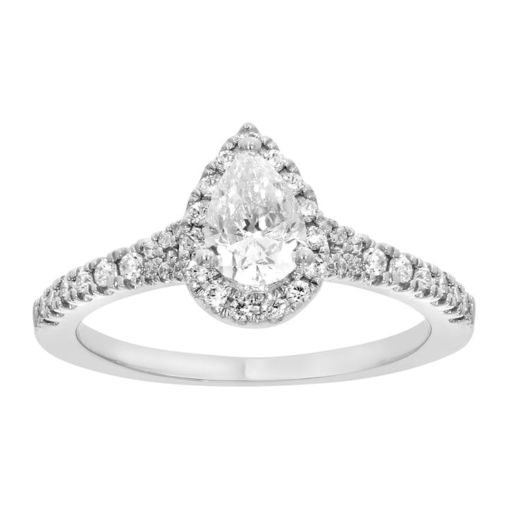 9ct White Gold 1 Carat Pear Cut Diamond Solitaire Ring with Brilliant Halo and Sides