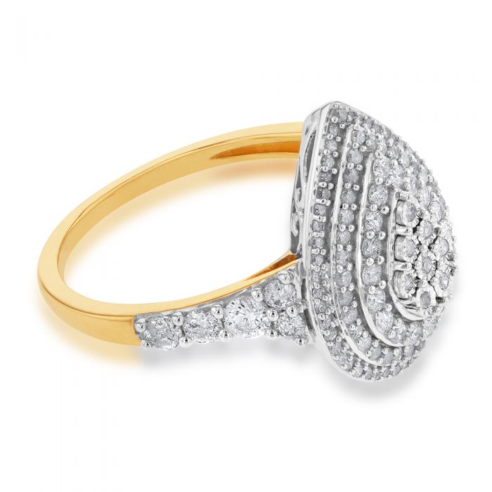 1 Carat Diamond Pear Shaped Cluster Ring Set in Sterling Silver and 9ct Yellow Gold