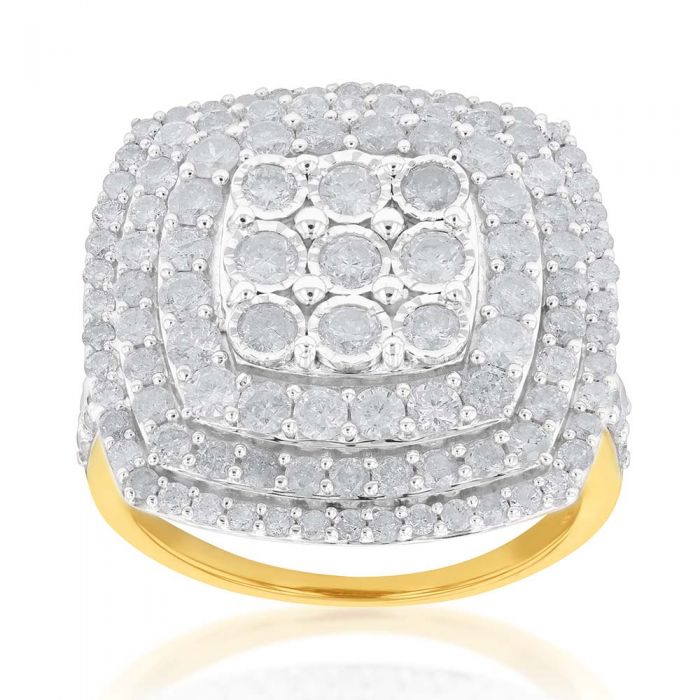 Sterling Silver and 9ct Yellow Gold 3 Carat Diamond Cluster Ring