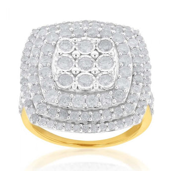 Sterling Silver and 9ct Yellow Gold 3 Carat Diamond Cluster Ring