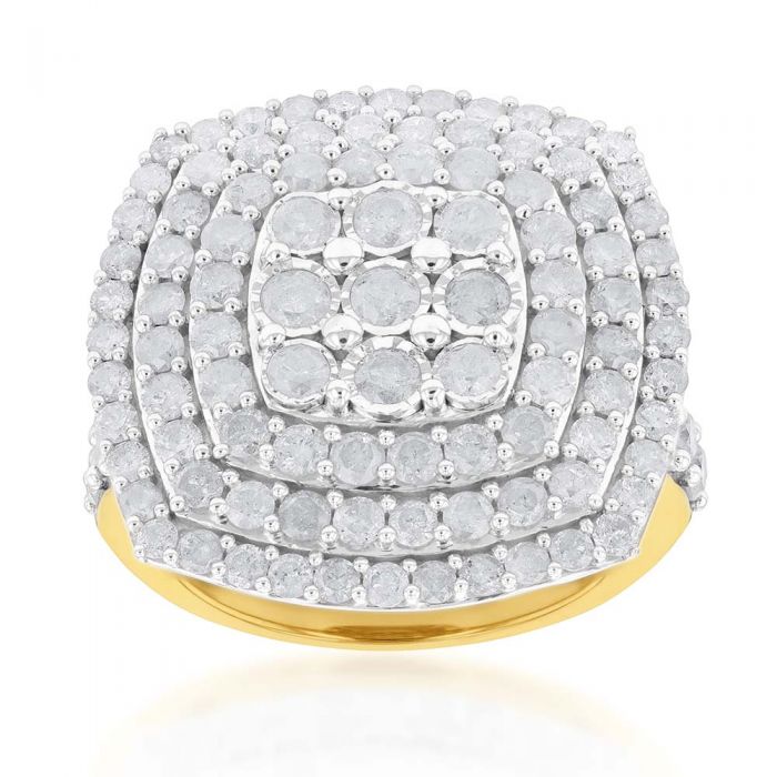 Sterling Silver and 9ct Yellow Gold 4 Carat Diamond Cluster Ring