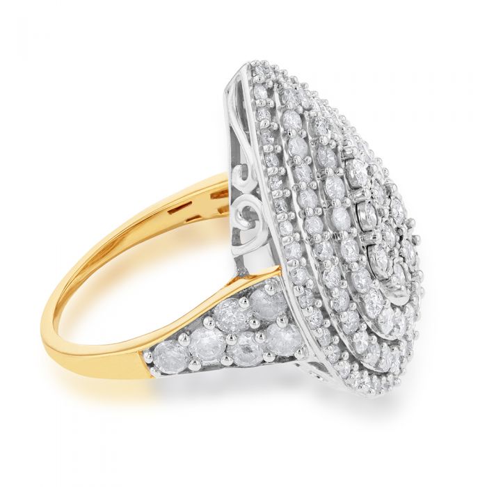 Sterling Silver and 9ct Yellow Gold 3 Carat Diamond Pear Shaped Cluster Ring
