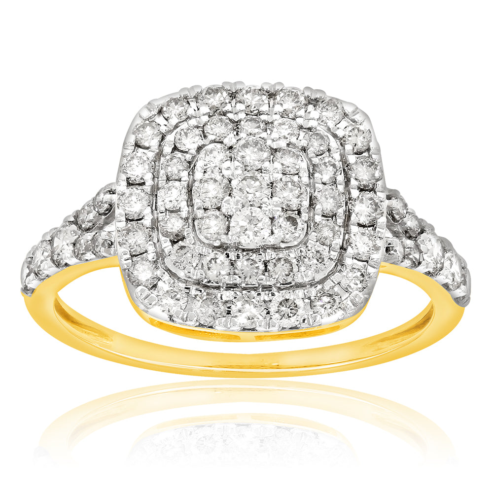 9ct Yellow Gold 1 Carat Diamond Cushion Shape Cluster Ring