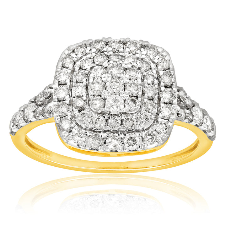 9ct Yellow Gold 1 Carat Diamond Cushion Shape Cluster Ring