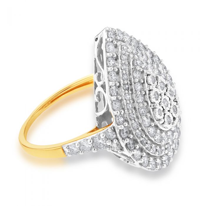 2 Carat Diamond Pear Shaped Cluster Ring Set in Sterling Silver and 9ct Yellow Gold