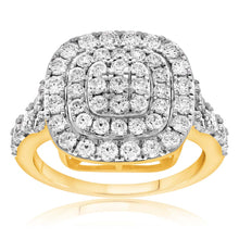 Load image into Gallery viewer, 9ct Yellow Gold 2 Carat Diamond Cushion Shape Halo Cluster Ring