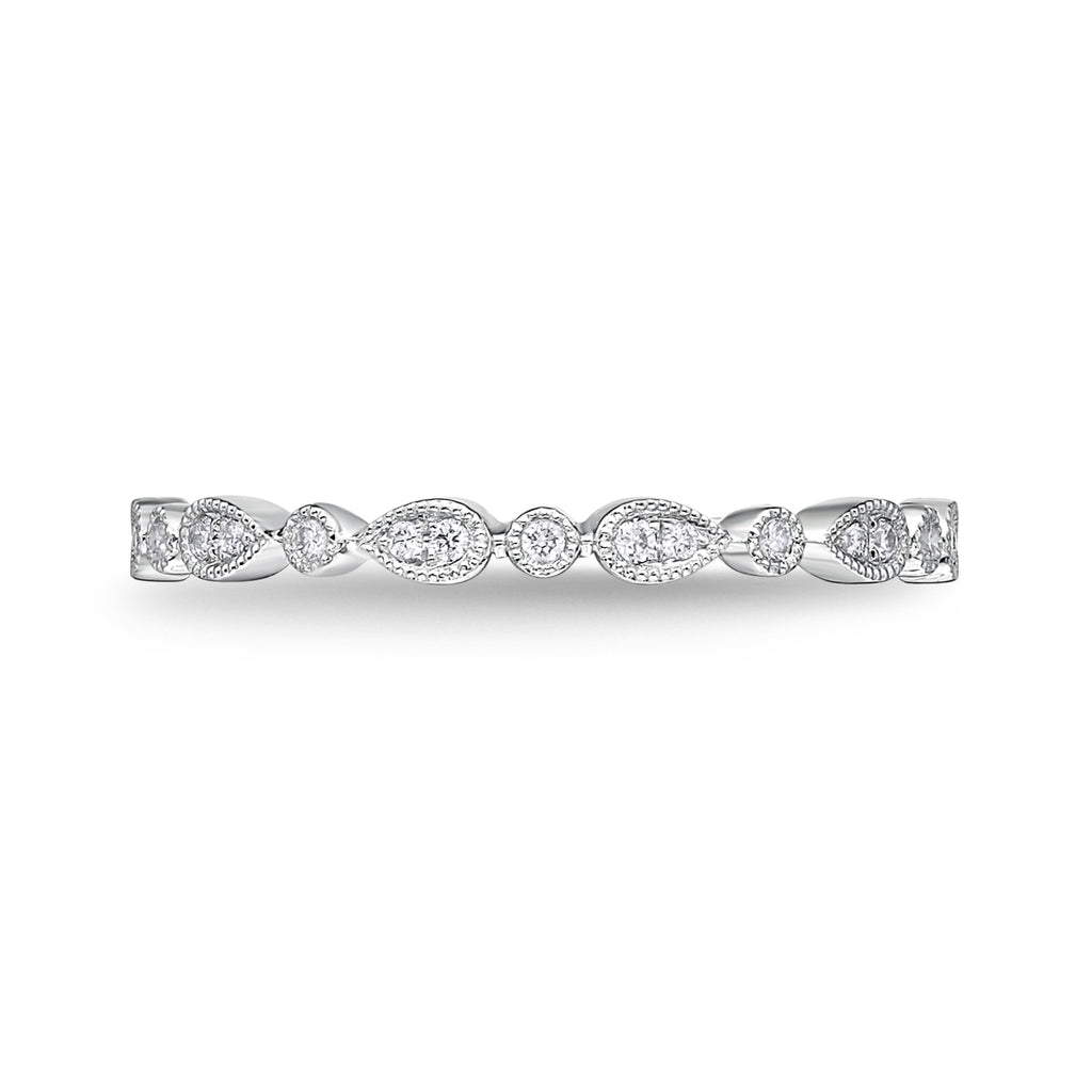Memoire 18ct White Gold Vintage Round & Illusion Pear Stack Ring with 19 Diamonds