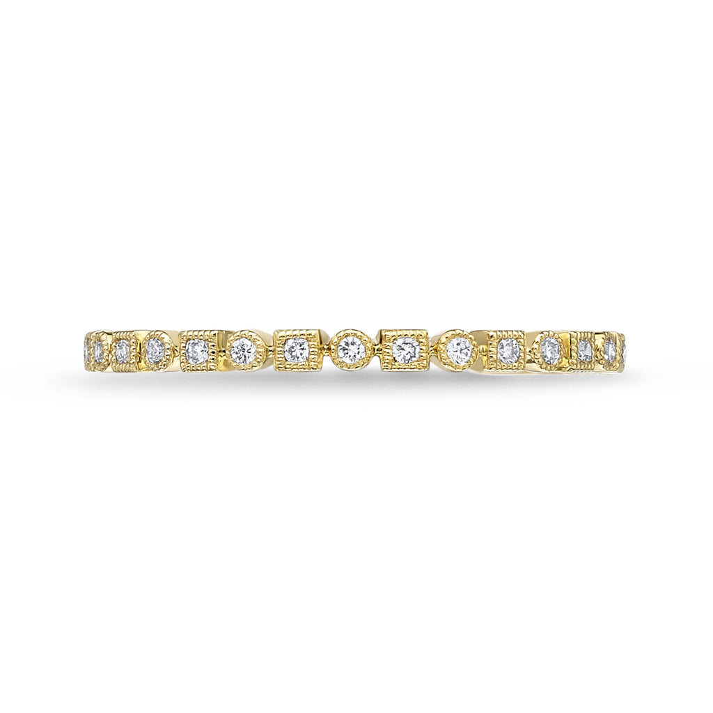 Memoire 18ct Yellow Gold Vintage Square and Round Stack Ring with 17 Diamonds