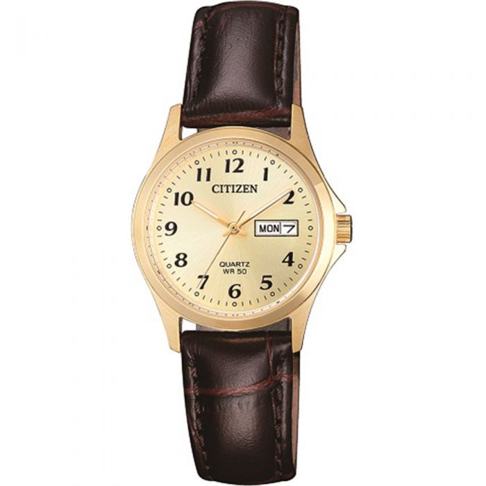 Citizen EQ200207P Gold Ladies Watch With Brown Leather Band